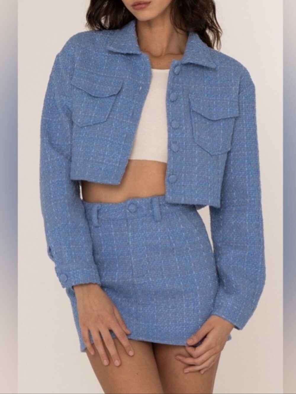 BNWT Blue Tweed Cropped Jacket and Mini Skirt Set
